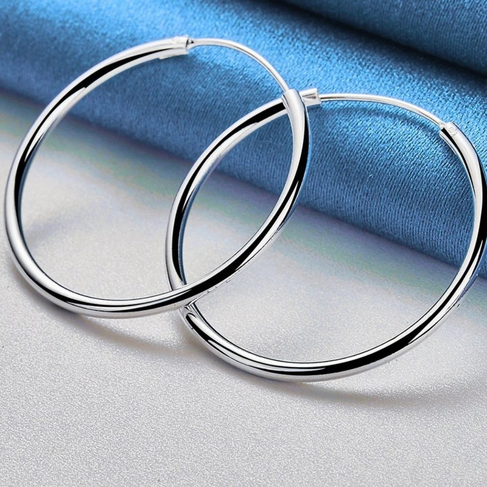 Stunning .925 Sterling Silver 35mm Round Hoop Earrings